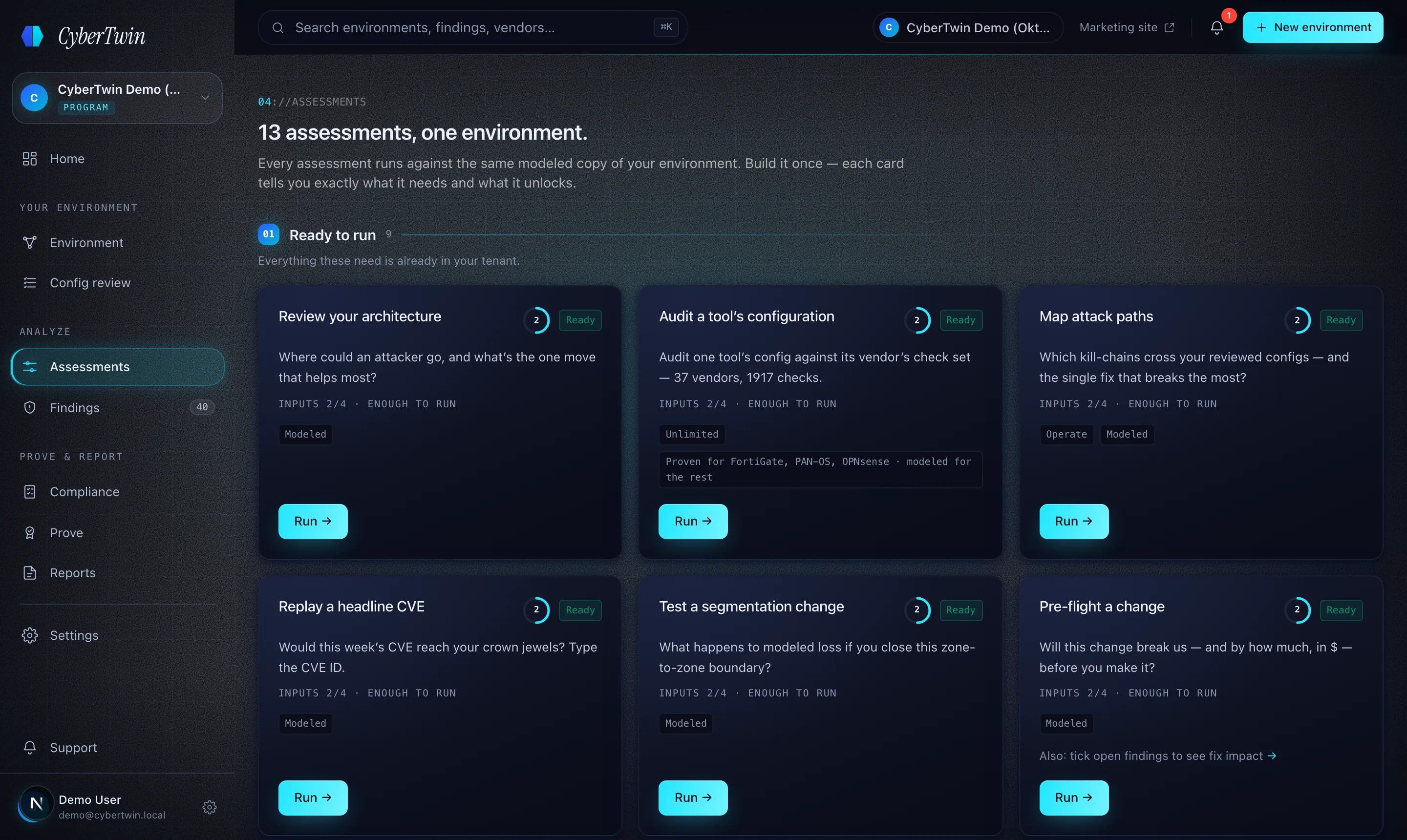 The CyberTwin assessments hub — capabilities as plain-English questions, each declaring what it proves and what it models.