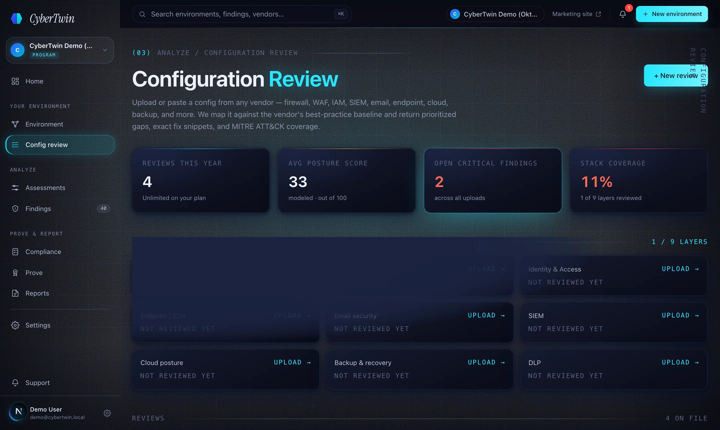 The parsed FortiGate review — posture score, 20 findings, the parse date, and compound findings that each list the exact findings they are built from.