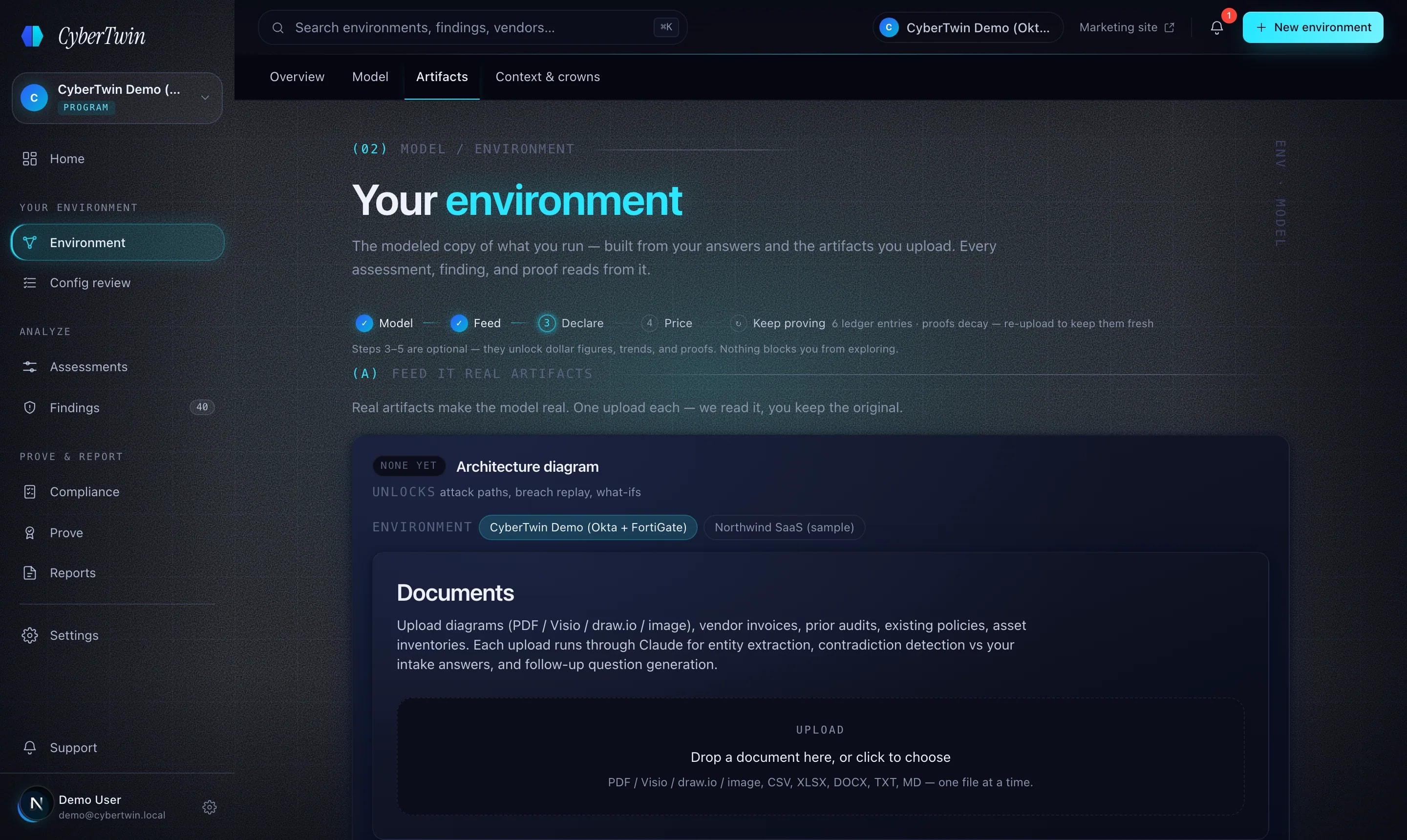 The environment artifacts surface with the seeded Okta identity export on file — unlocking real users and groups in the attack paths.