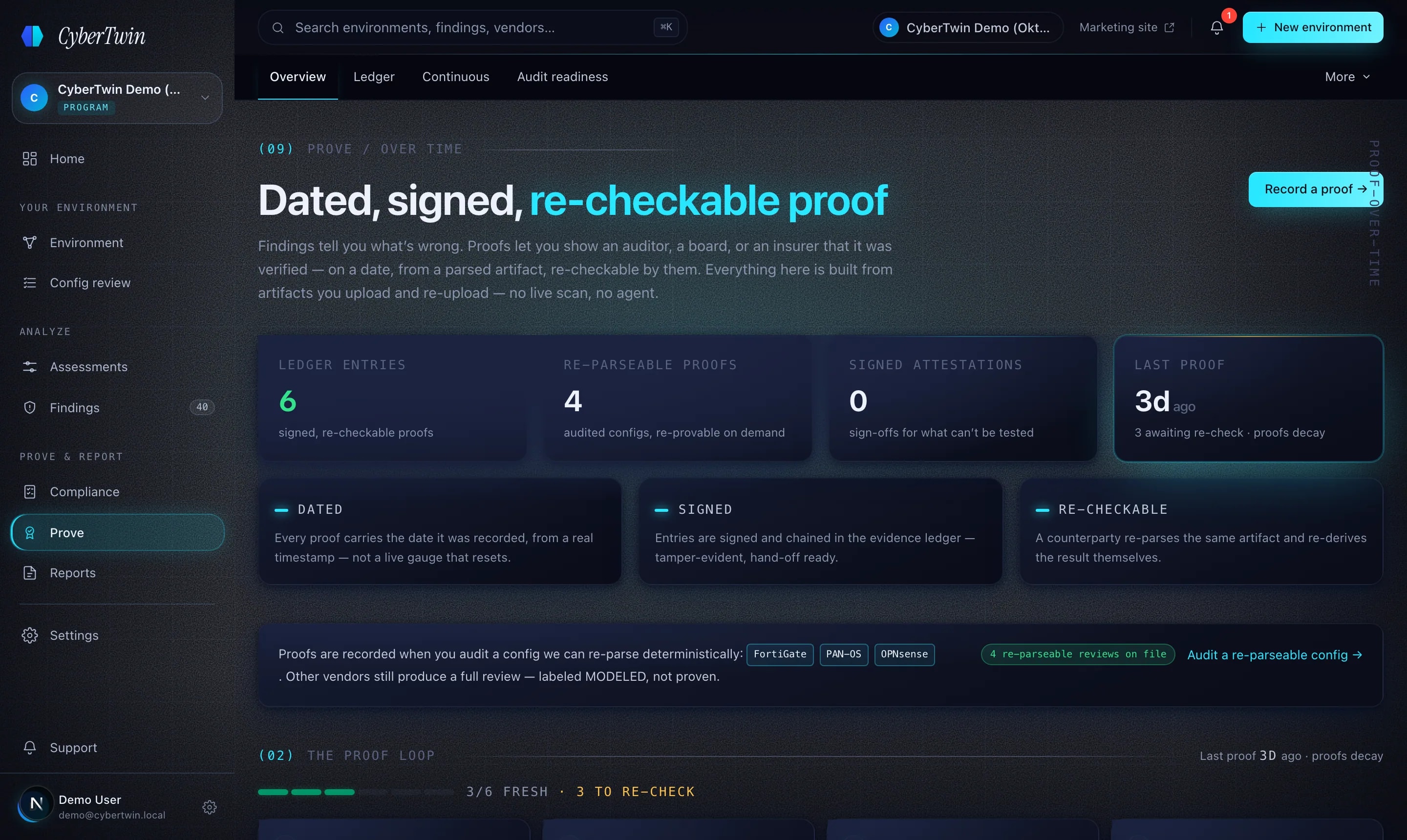 The Prove hub — dated, signed, re-checkable proof built from uploaded artifacts, with the proof loop from audit to re-proof on re-upload.