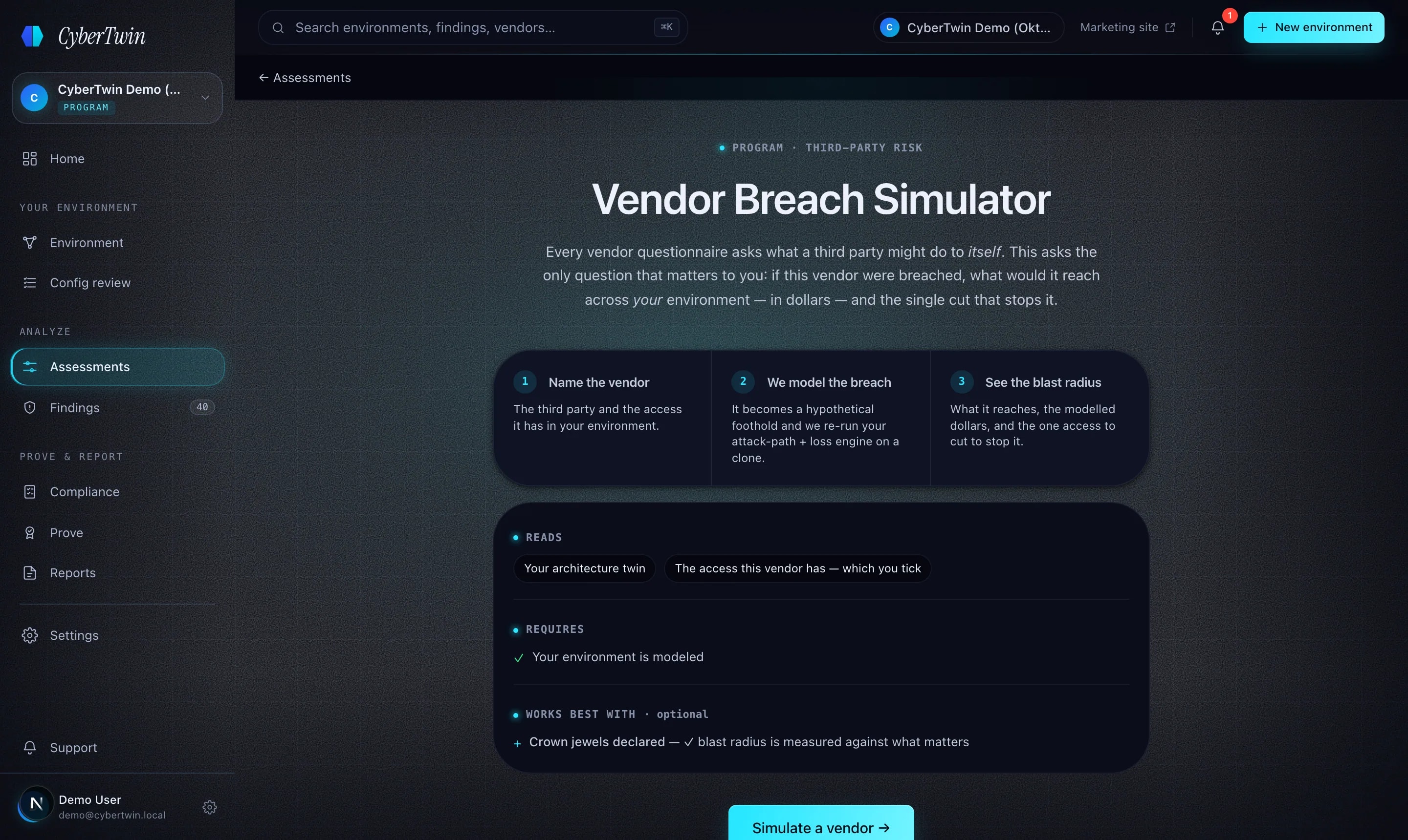 The Vendor Breach Simulator surface — declare a vendor's access and the twin computes the modeled blast radius.