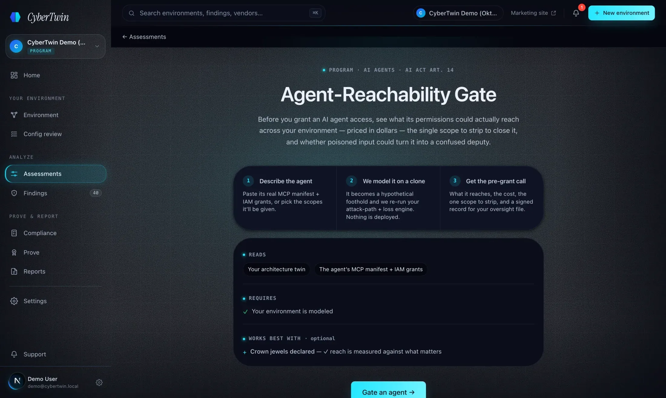 The Agent-Reachability Gate surface — declared agent scopes checked against the modeled twin before rollout.