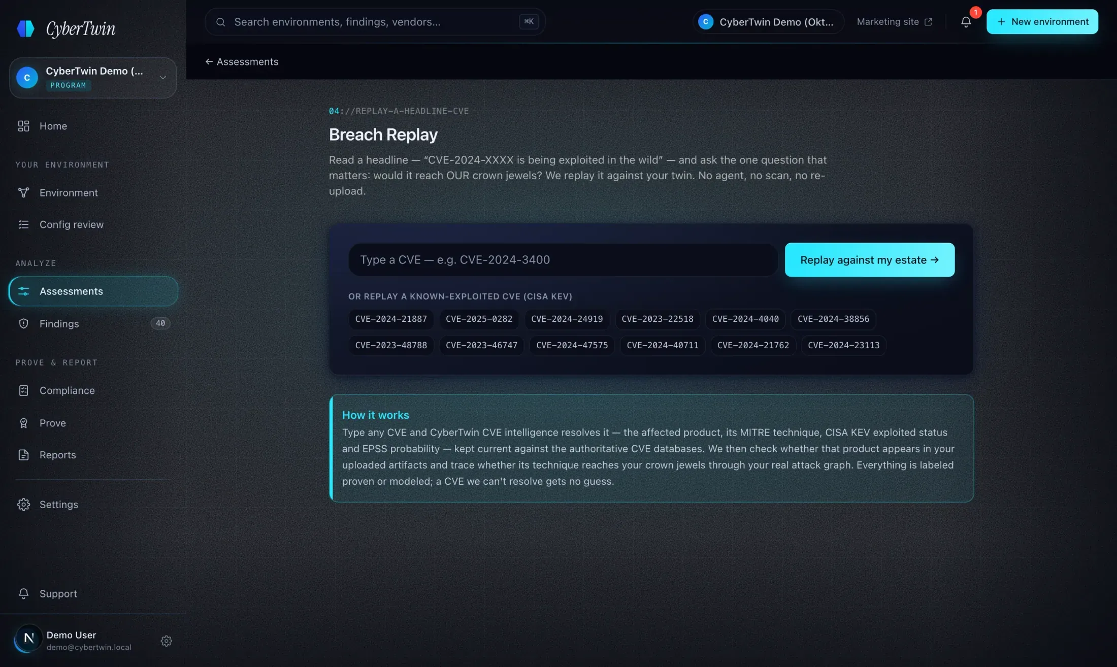 The Breach Replay surface — type a CVE ID and replay it against your modeled twin.