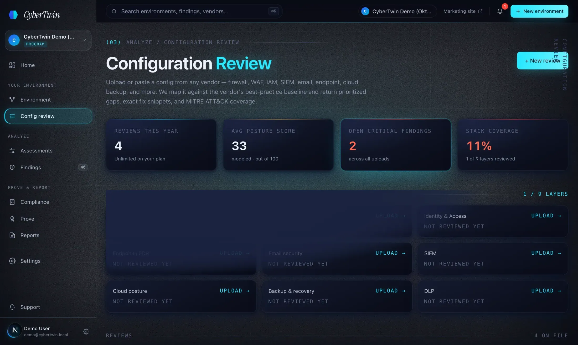 The parsed FortiGate review — posture score, 20 findings, the parse date, and compound findings that each list the exact findings they are built from.