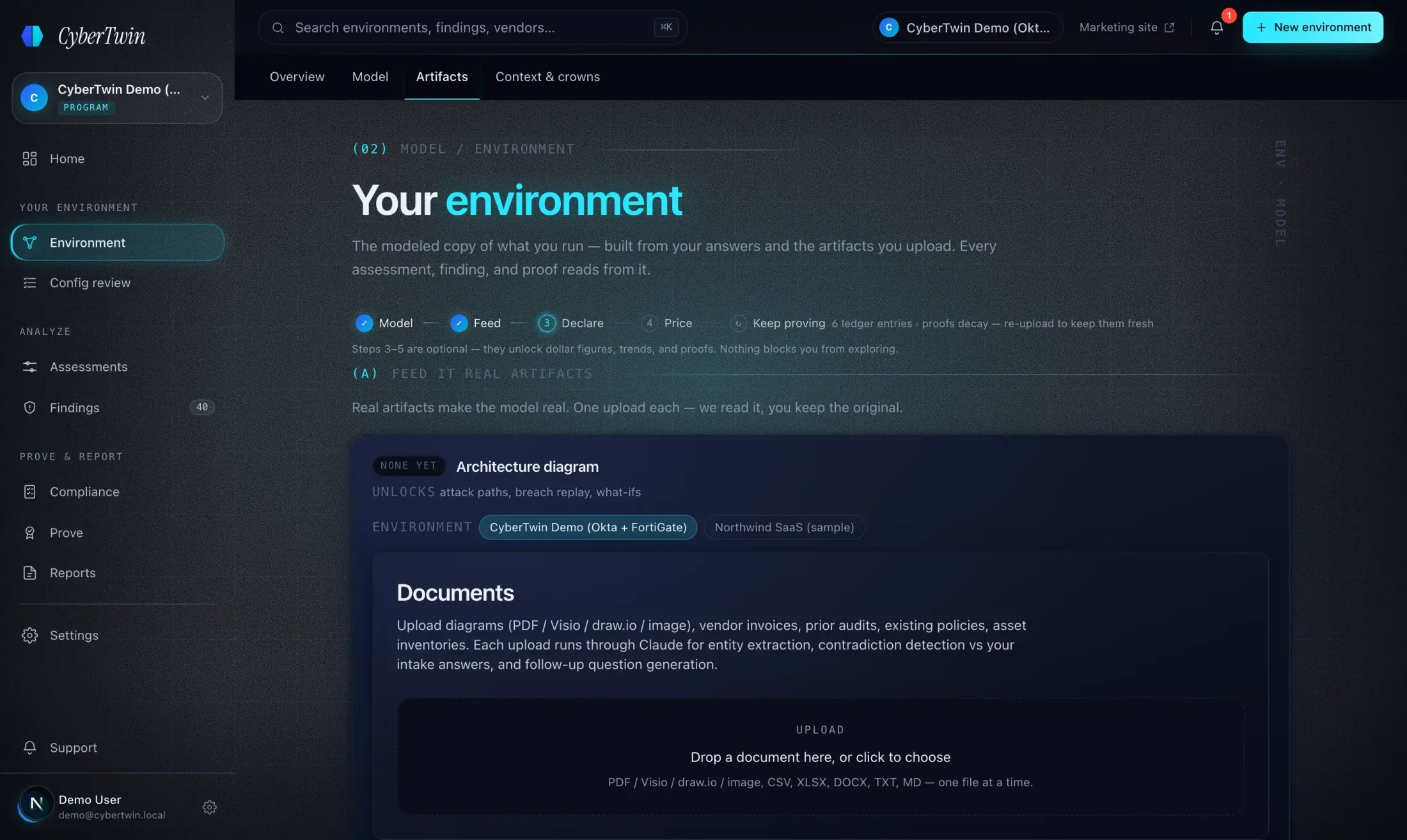 The environment artifacts surface with the seeded Okta identity export on file — unlocking real users and groups in the attack paths.