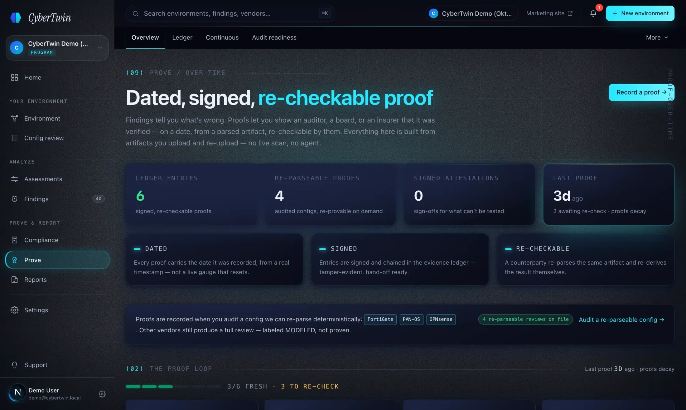The Prove hub — dated, signed, re-checkable proof built from uploaded artifacts, with the proof loop from audit to re-proof on re-upload.