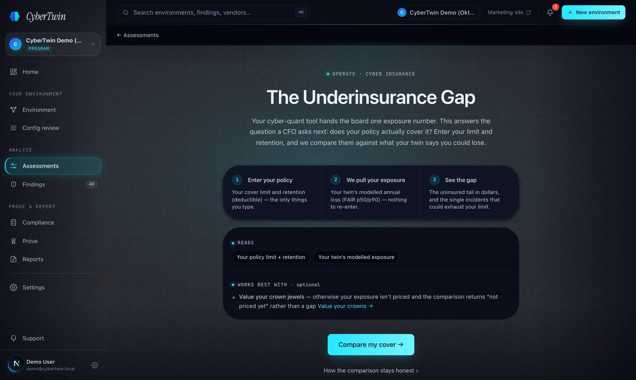 The underinsurance surface — declared policy terms against modeled exposure, gap made visible.