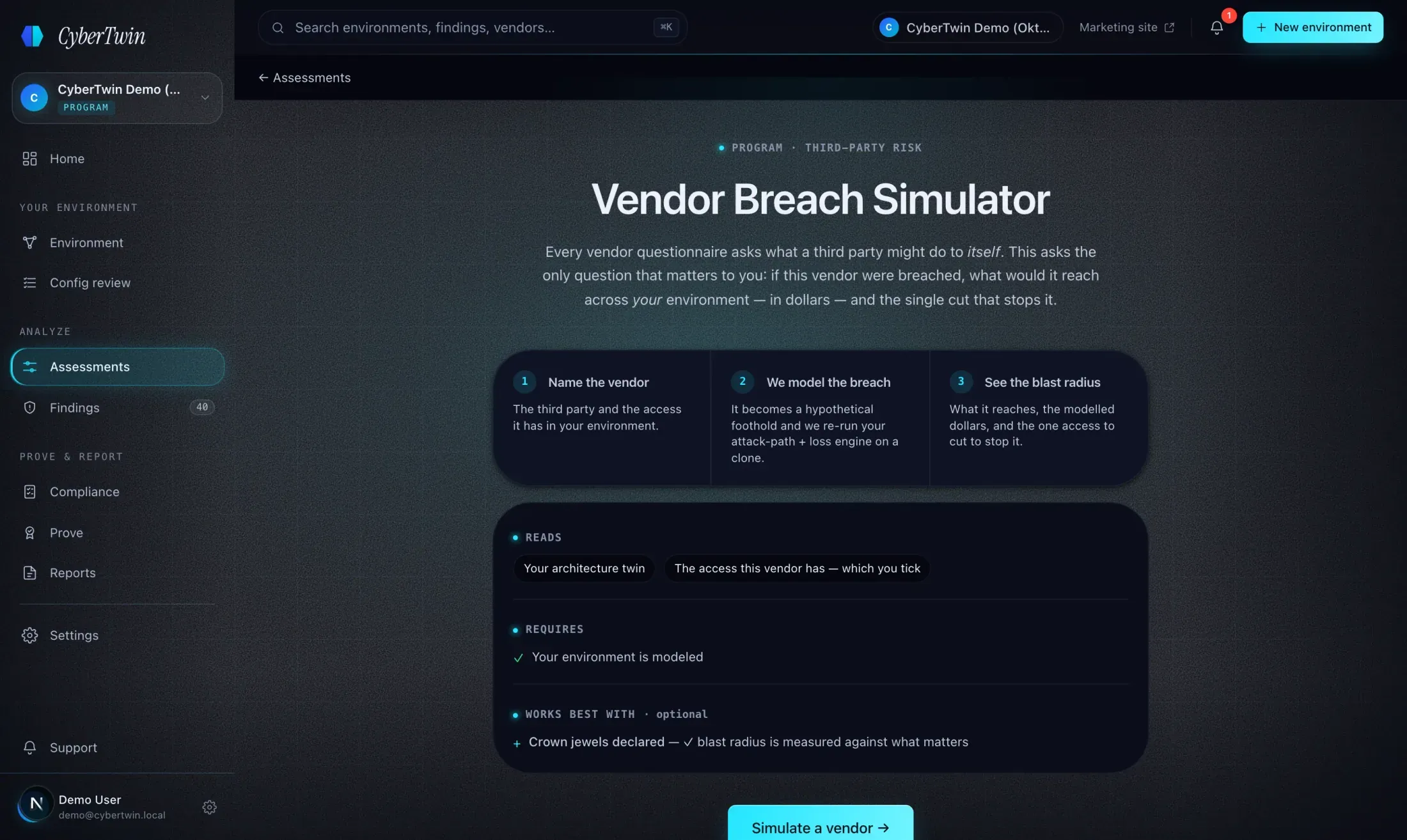 The Vendor Breach Simulator surface — declare a vendor's access and the twin computes the modeled blast radius.